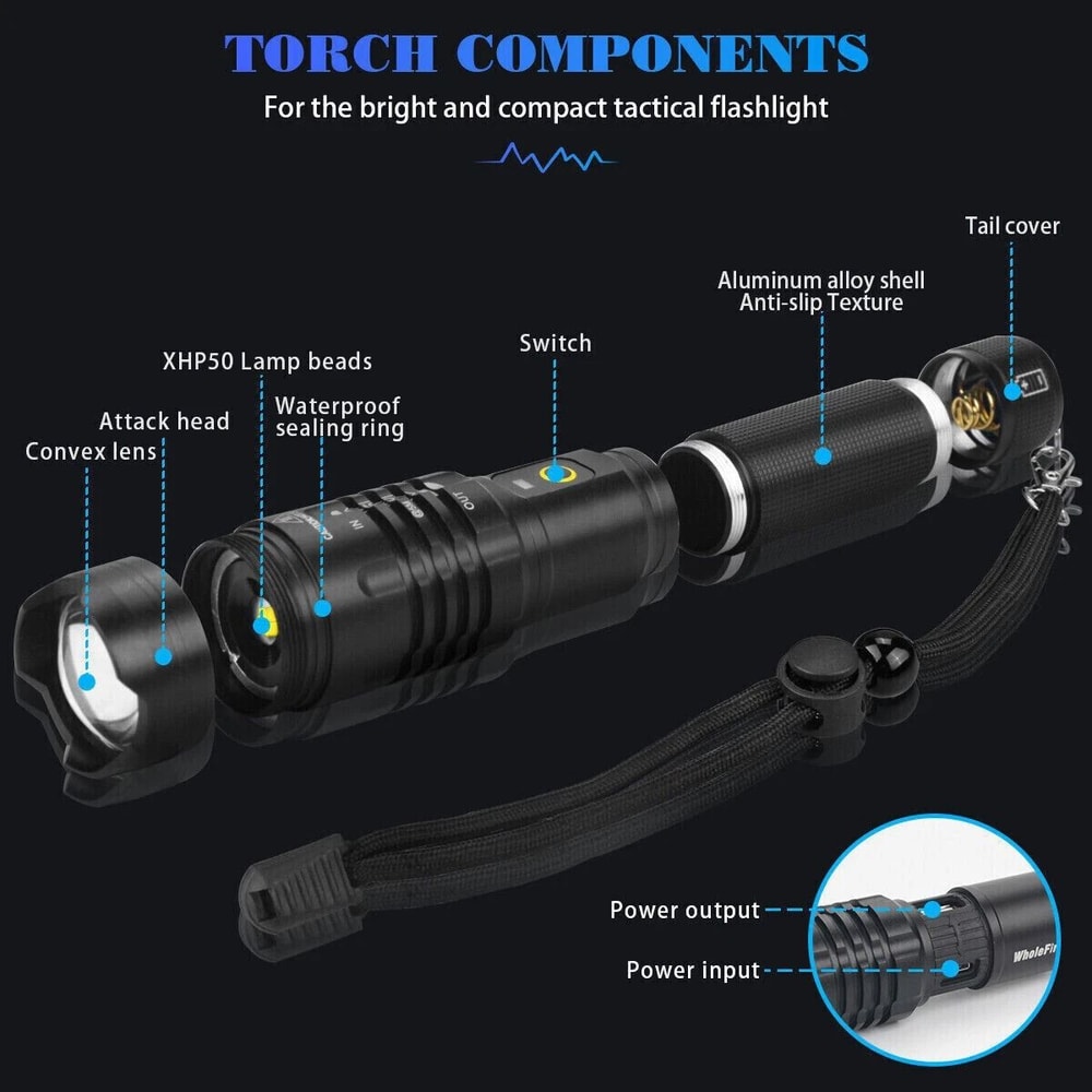 LED Tactical Flashlight SuperBright Zoomable Rechargeable Battery Included Perfect For Camping Hiki 8