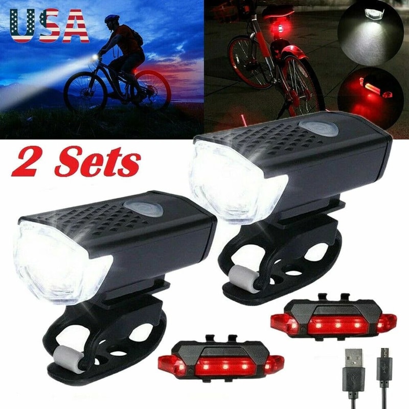 Bicycle Headlight Bike LED USB Rechargeable Front Rear Lamp Waterproof Cycling Light 8