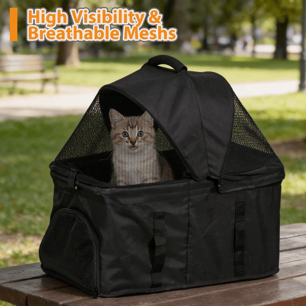 Black Pet Stroller Folding For Travel Detachable Carrier Swivel Front Wheels 1