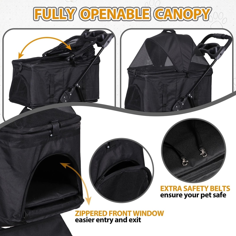 Black Pet Stroller Folding For Travel Detachable Carrier Swivel Front Wheels 8