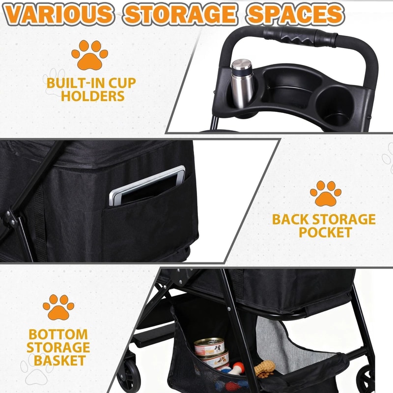 Black Pet Stroller Folding For Travel Detachable Carrier Swivel Front Wheels 9