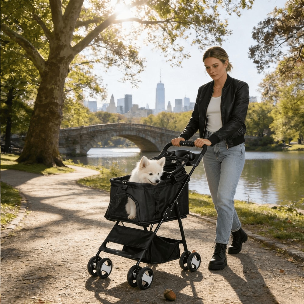 Black Pet Stroller Folding For Travel Detachable Carrier Swivel Front Wheels 10