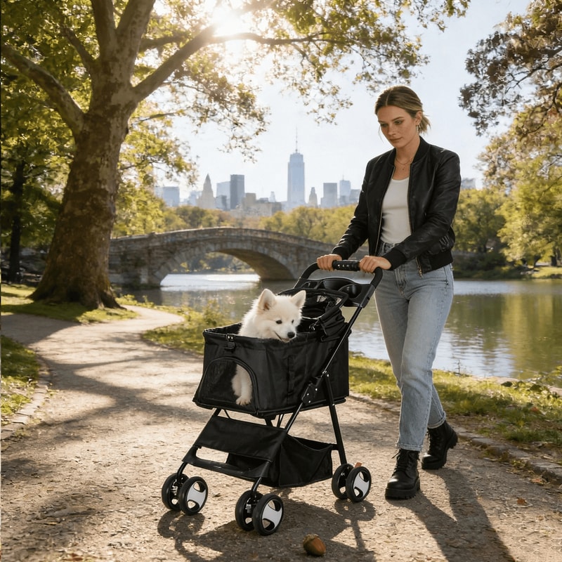 Black Pet Stroller Folding For Travel Detachable Carrier Swivel Front Wheels 10