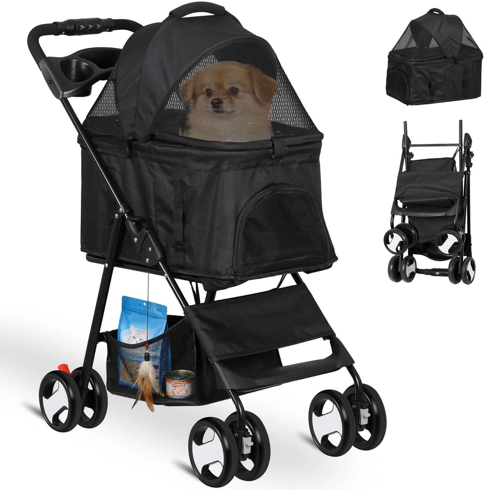 Black Pet Stroller Folding For Travel Detachable Carrier Swivel Front Wheels 12