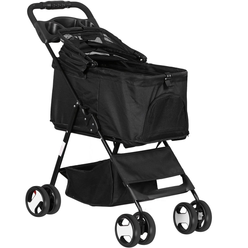 Black Pet Stroller Folding For Travel Detachable Carrier Swivel Front Wheels 13