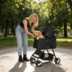 black pet stroller, folding for travel, detachable carrier, swivel front wheels