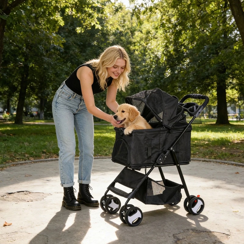 Black Pet Stroller Folding For Travel Detachable Carrier Swivel Front Wheels 0