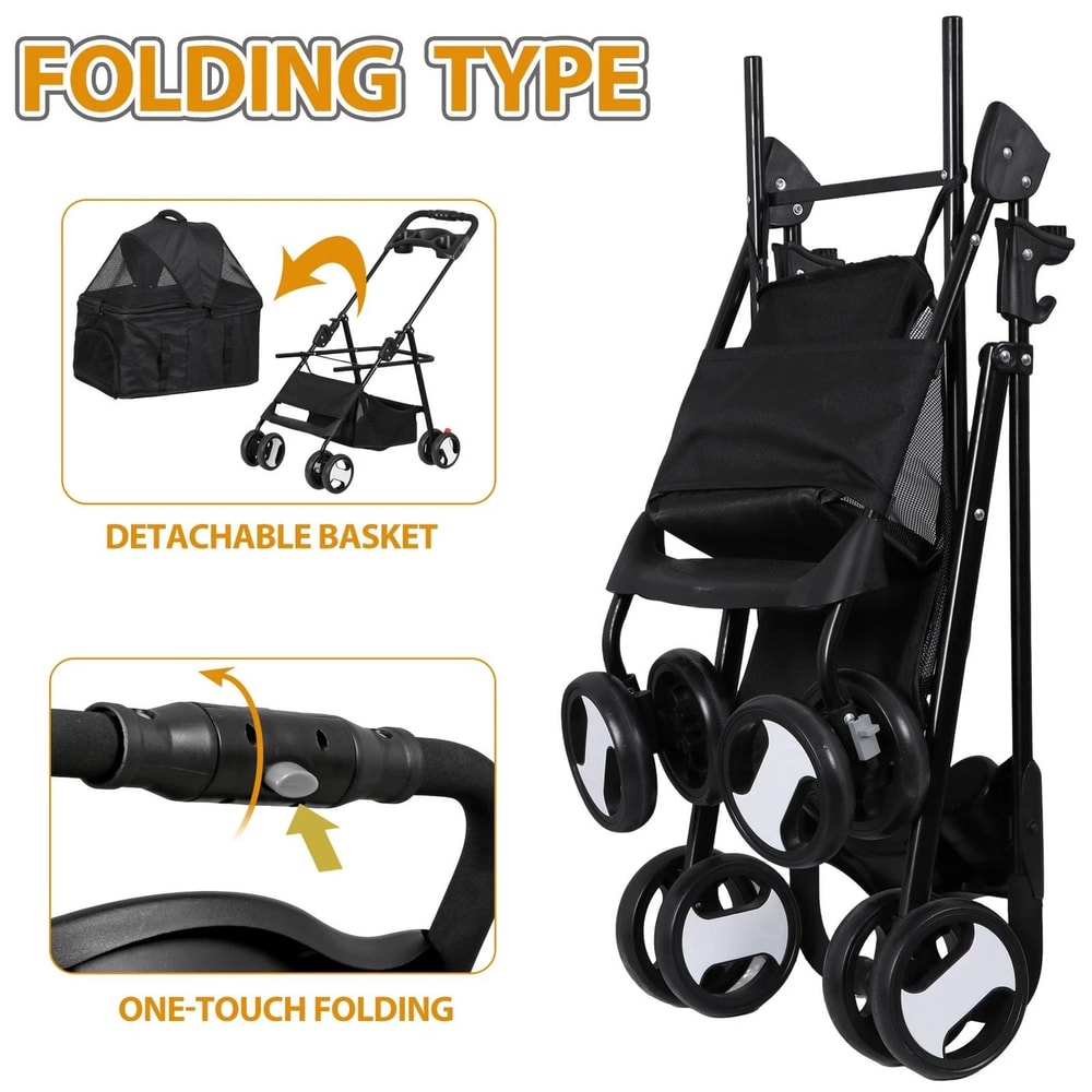 Black Pet Stroller Folding For Travel Detachable Carrier Swivel Front Wheels 4