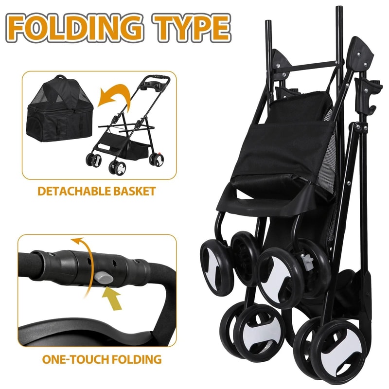 Black Pet Stroller Folding For Travel Detachable Carrier Swivel Front Wheels 4