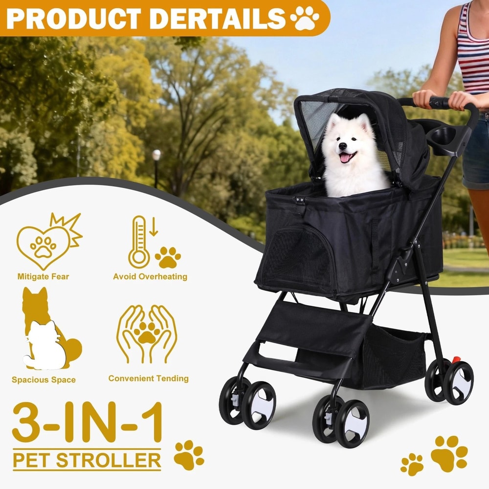 Black Pet Stroller Folding For Travel Detachable Carrier Swivel Front Wheels 5