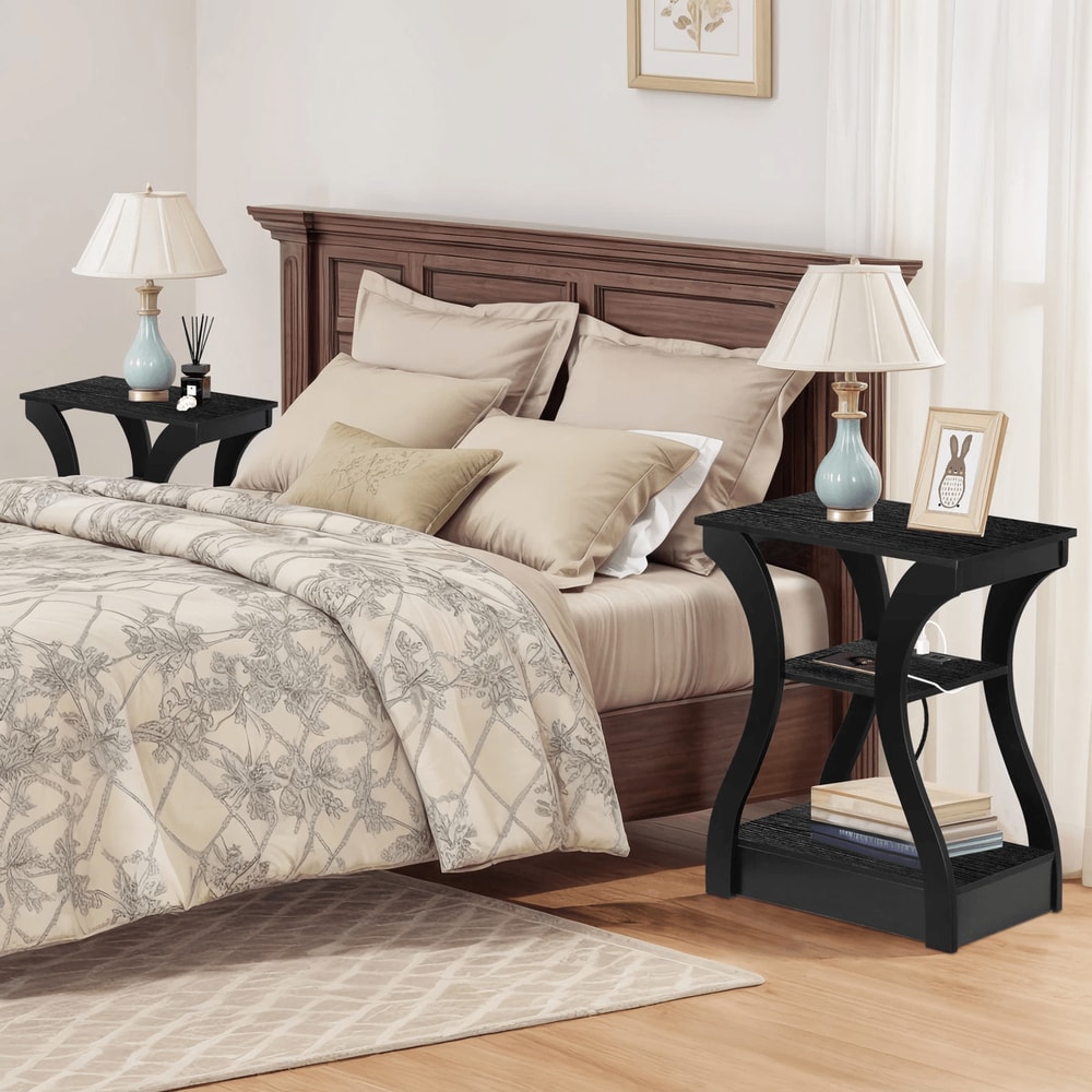 Black 3 Tier End Table With USB Charging Station Storage Shelf For Living Room Stylish And Function 3