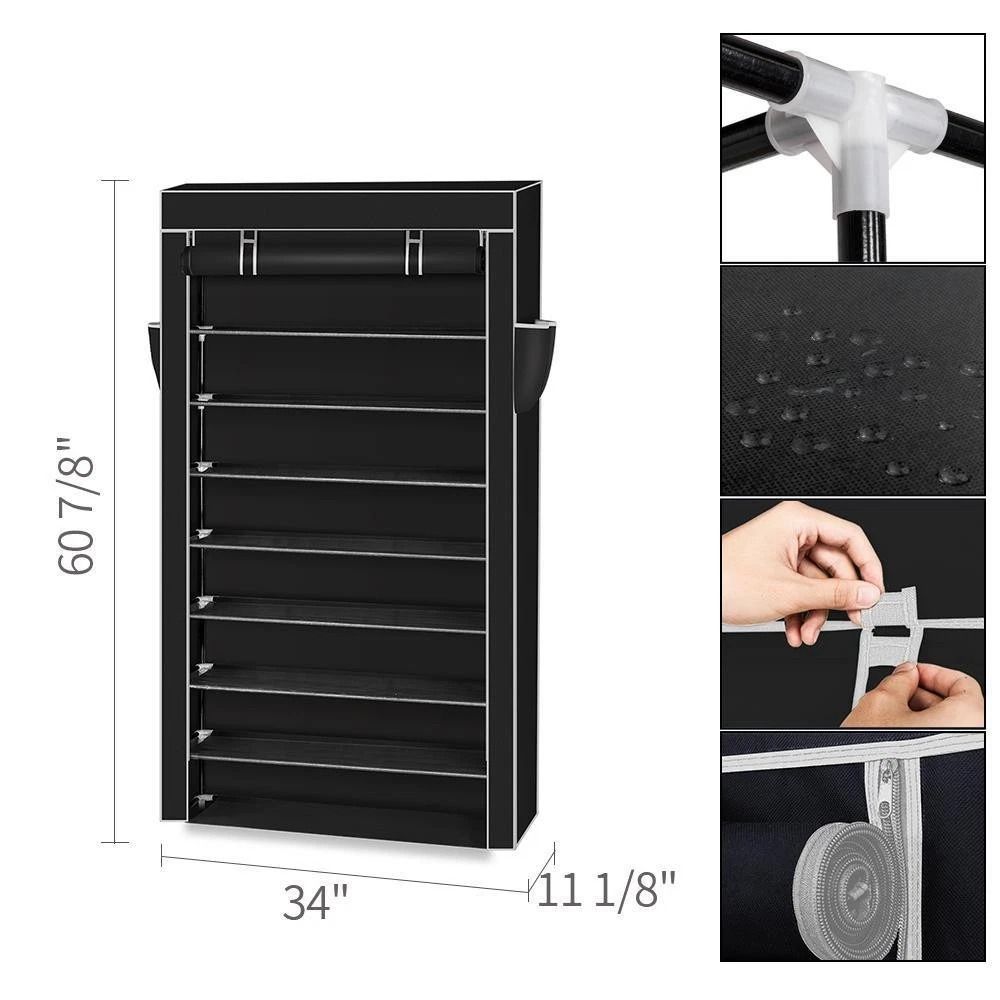 10 Tiers Shoe Rack Closet Shoe Storage Organizer W Dustproof Cover Side Pockets For Shoes 1