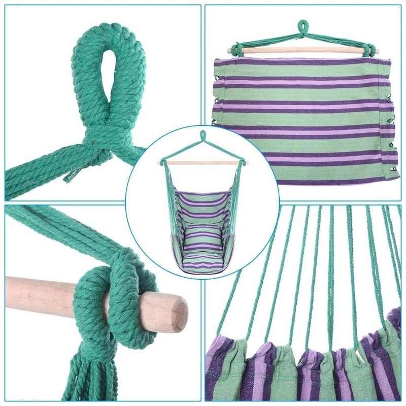 Green Distinctive Cotton Canvas Hanging Rope Chair Comfortable Pillows For Indoor Outdoor Relaxing 2