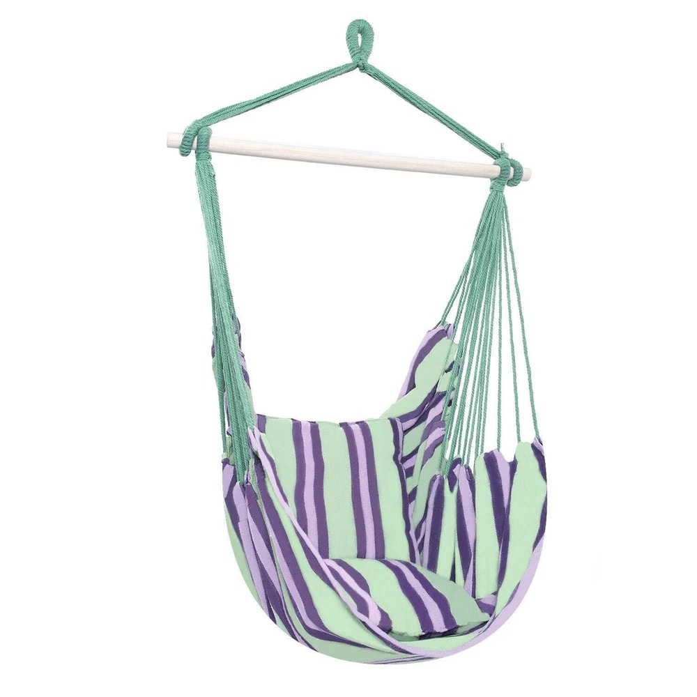 Green Distinctive Cotton Canvas Hanging Rope Chair Comfortable Pillows For Indoor Outdoor Relaxing 6