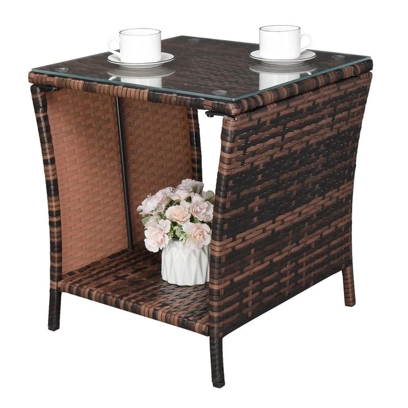 Wicker Rattan Square Side Table End Coffee Table With Glass Top For Patio Bedroom Furniture 6