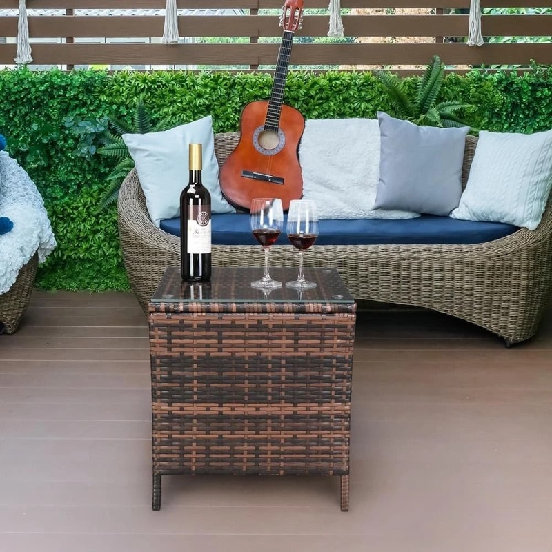 Wicker Rattan Square Side Table End Coffee Table With Glass Top For Patio Bedroom Furniture 0