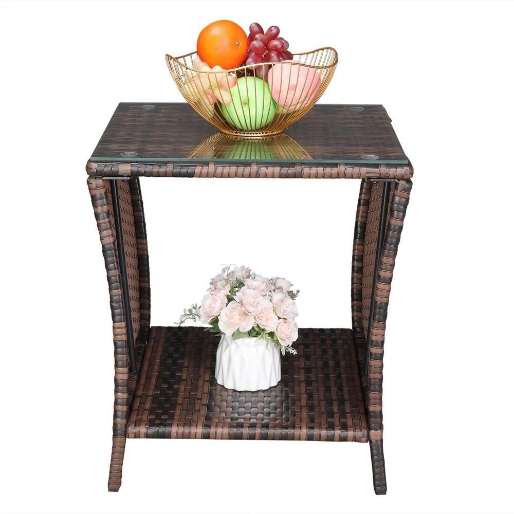 Wicker Rattan Square Side Table End Coffee Table With Glass Top For Patio Bedroom Furniture 10