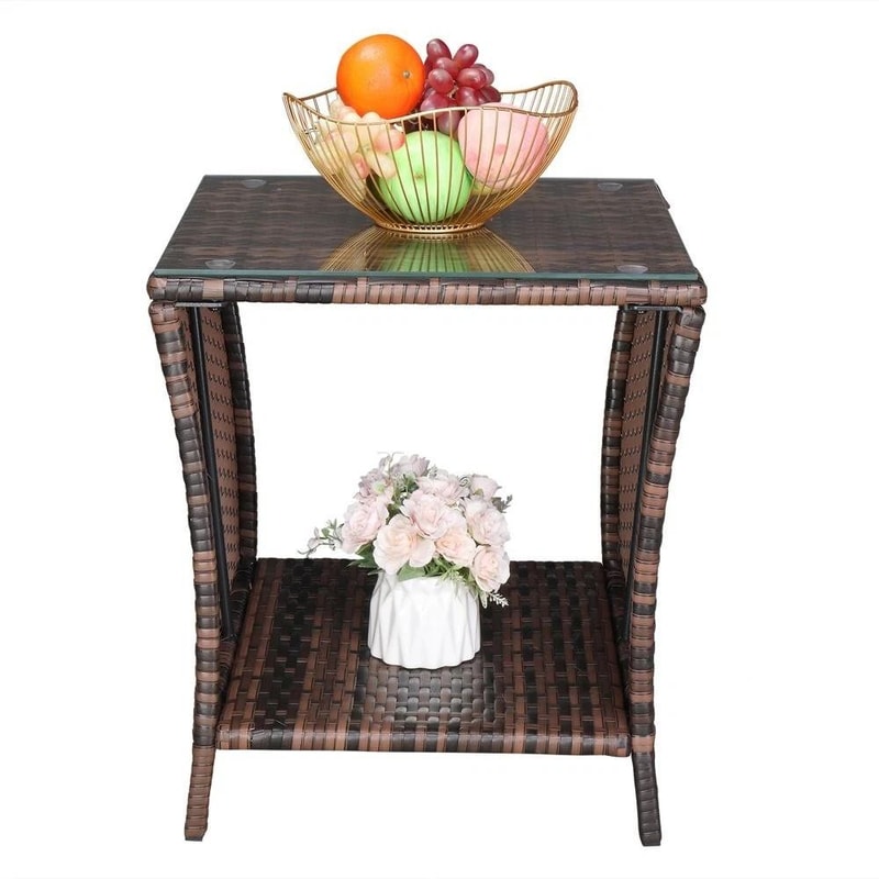 Wicker Rattan Square Side Table End Coffee Table With Glass Top For Patio Bedroom Furniture 10