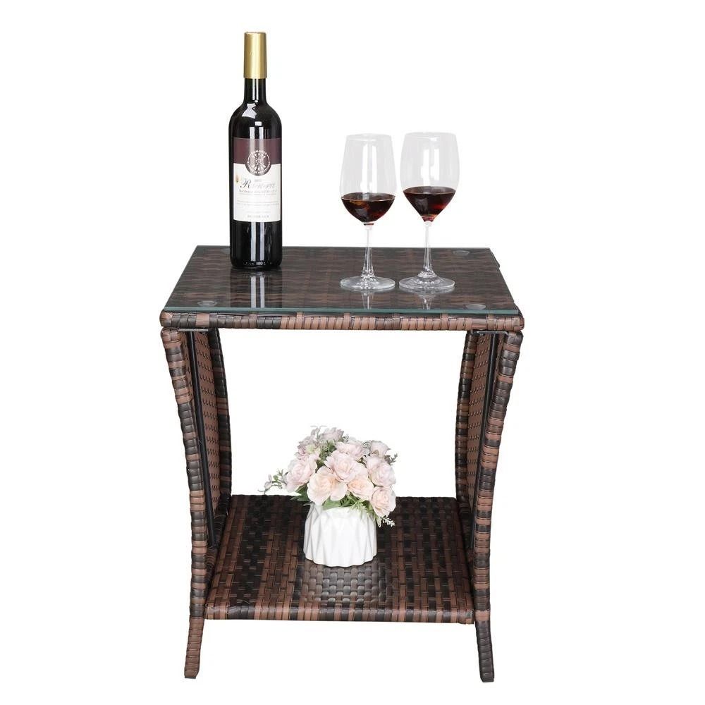 Wicker Rattan Square Side Table End Coffee Table With Glass Top For Patio Bedroom Furniture 8