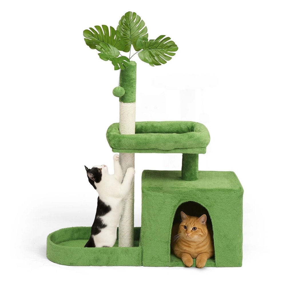 Tower With Scratching Post Cozy Condo Green Leaves Cat Tree With Padded Beds 8