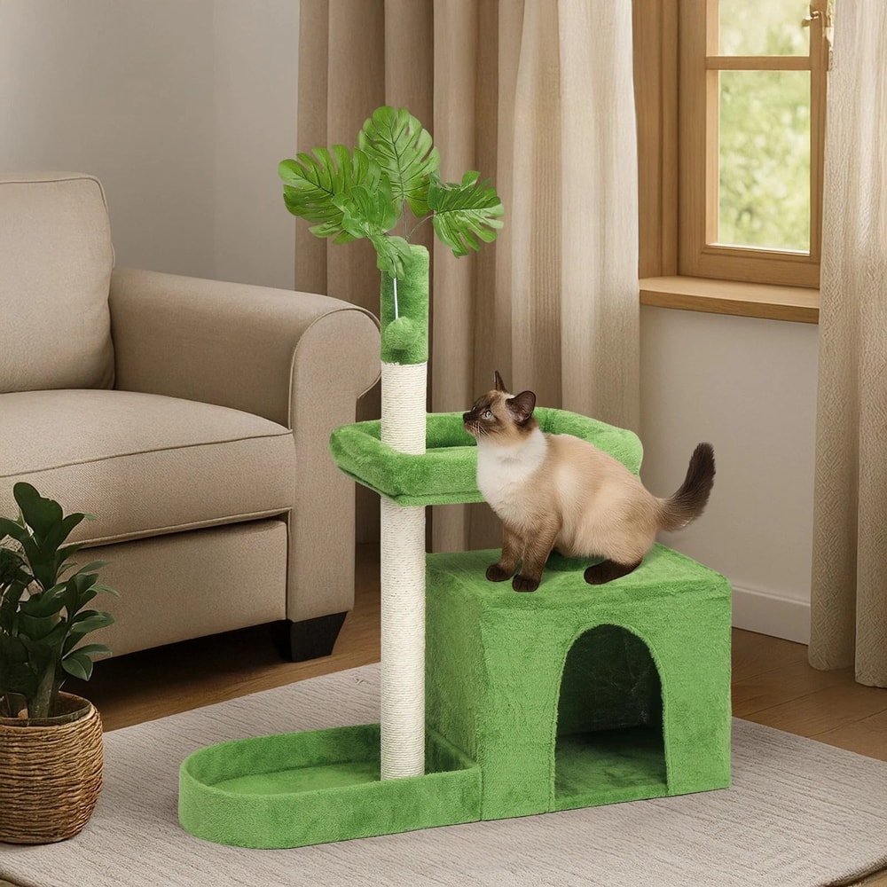 Tower With Scratching Post Cozy Condo Green Leaves Cat Tree With Padded Beds 3