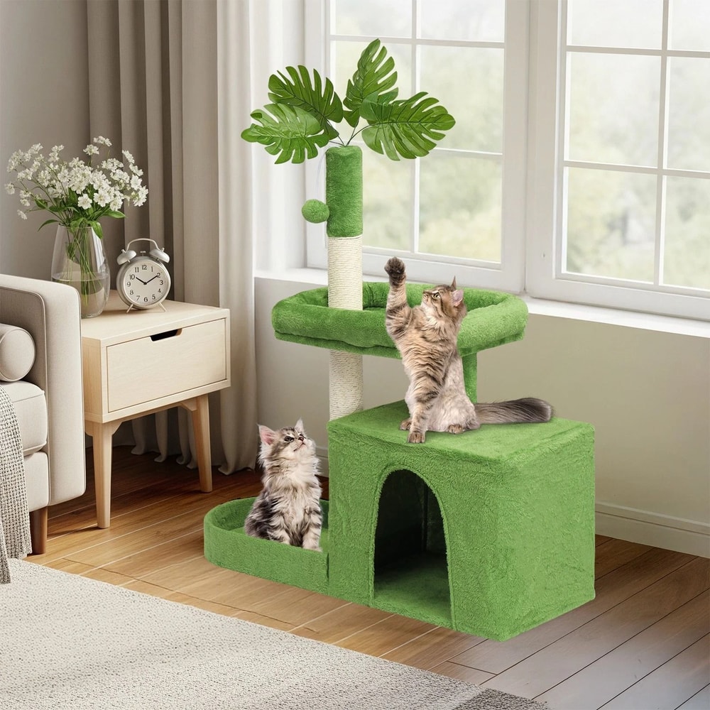 Tower With Scratching Post Cozy Condo Green Leaves Cat Tree With Padded Beds 4
