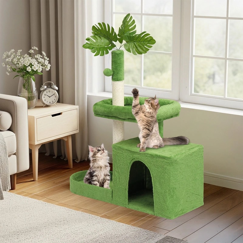 Tower With Scratching Post Cozy Condo Green Leaves Cat Tree With Padded Beds 4