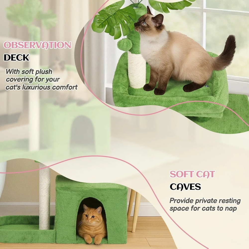 Tower With Scratching Post Cozy Condo Green Leaves Cat Tree With Padded Beds 5