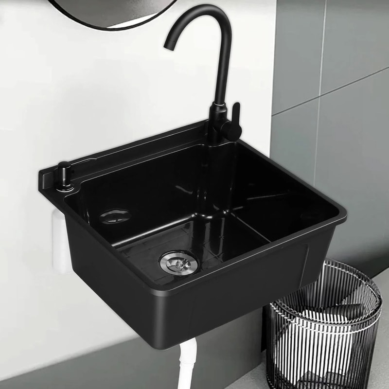 Plastic WallMounted Utility Sink With HotCold Faucet Save Space WhiteBlack 9