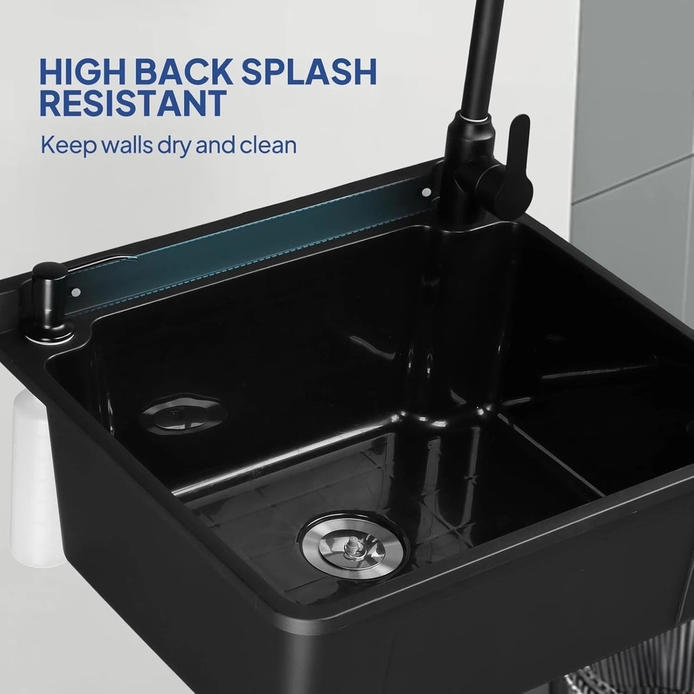 Plastic WallMounted Utility Sink With HotCold Faucet Save Space WhiteBlack 1