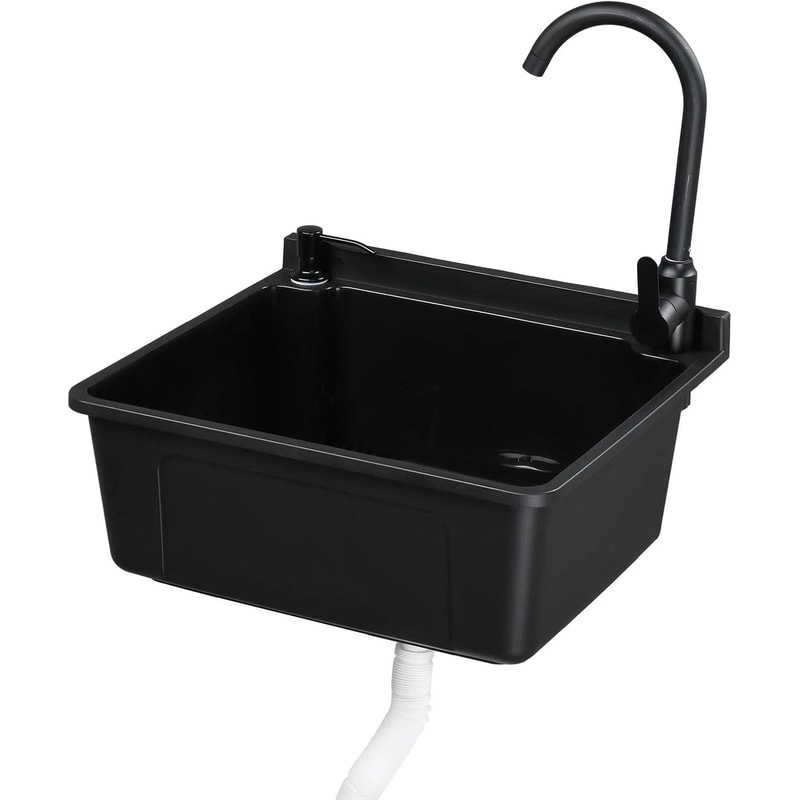 Plastic WallMounted Utility Sink With HotCold Faucet Save Space WhiteBlack 11