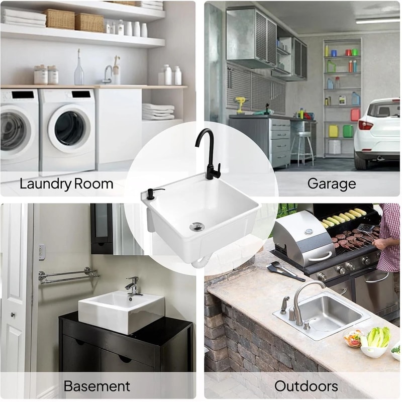 Plastic WallMounted Utility Sink With HotCold Faucet Save Space WhiteBlack 3