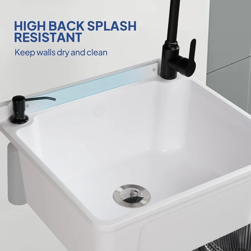 Plastic WallMounted Utility Sink With HotCold Faucet Save Space WhiteBlack 4
