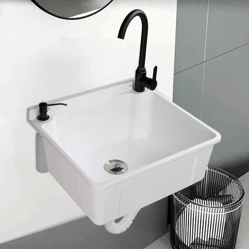 Plastic WallMounted Utility Sink With HotCold Faucet Save Space WhiteBlack 0