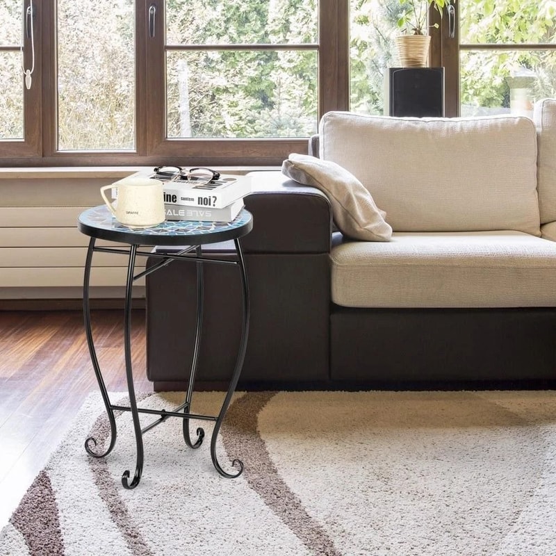 End Table Mosaic Accent Table Blue Sea Round Side Table With Metal Base Decorative Side Table 3