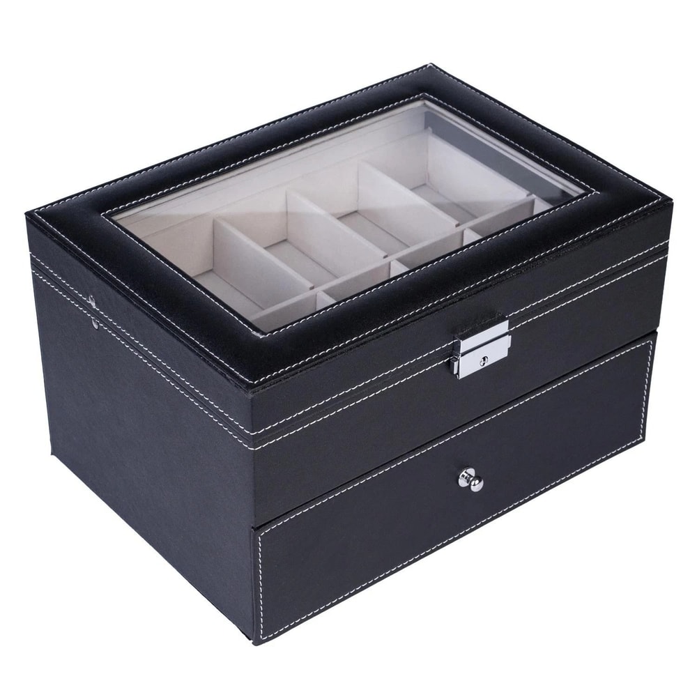 Leather Display Case Organizer Slot Grids Watch Box Glass Jewelry Storage BK 7