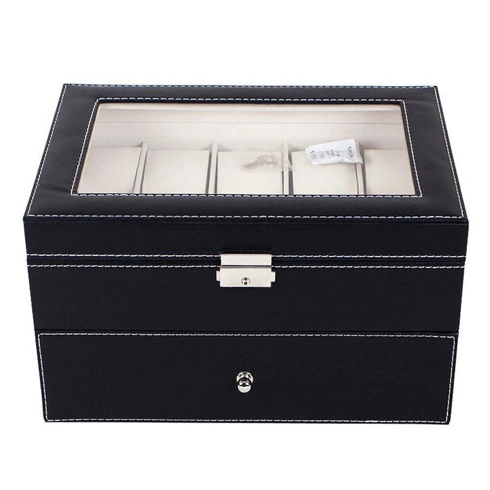 Leather Display Case Organizer Slot Grids Watch Box Glass Jewelry Storage BK 3