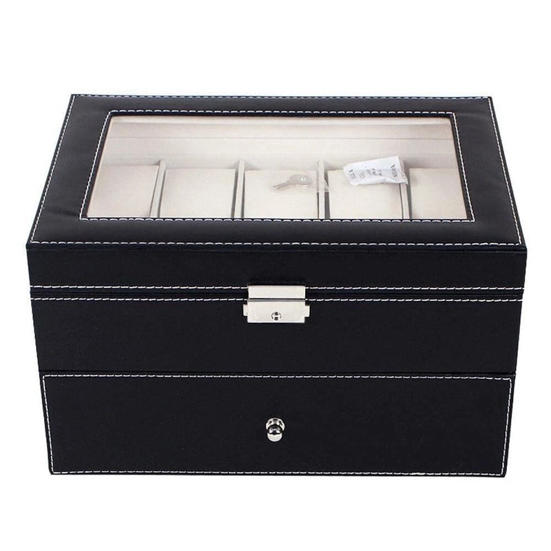 Leather Display Case Organizer Slot Grids Watch Box Glass Jewelry Storage BK 3