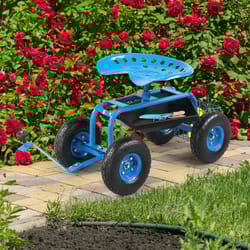green rolling garden cart with seat and wheels, extendable handle for comfortable gardening