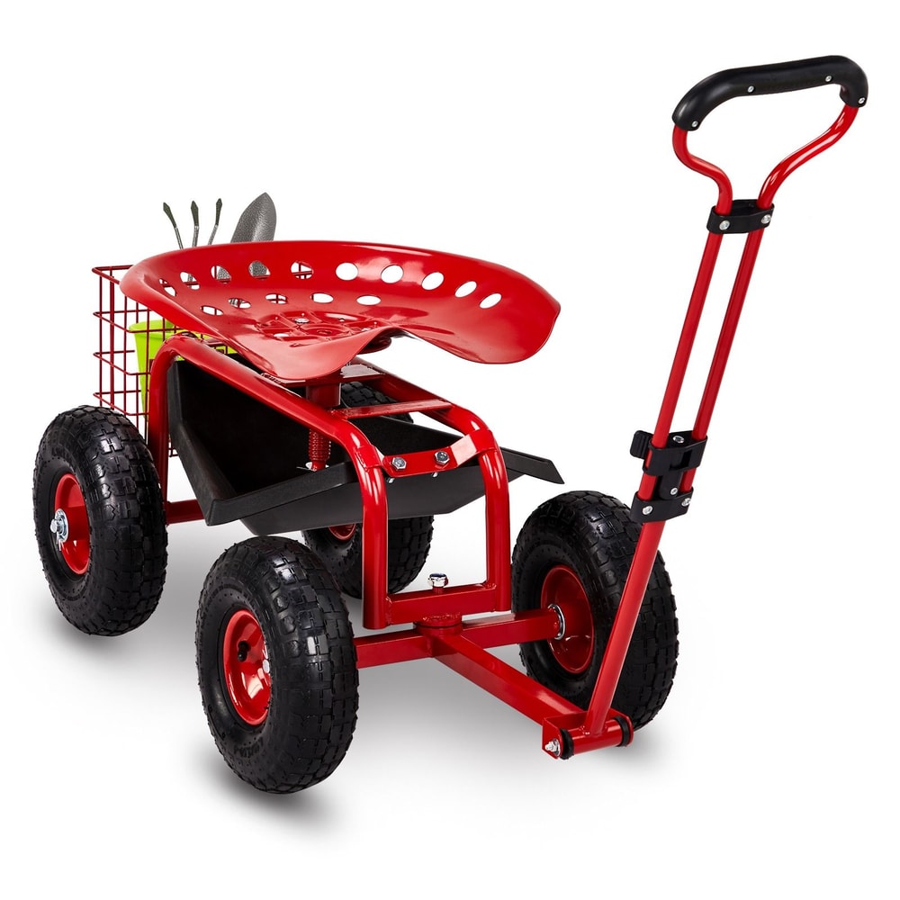 Green Rolling Garden Cart With Seat And Wheels Extendable Handle For Comfortable Gardening 8