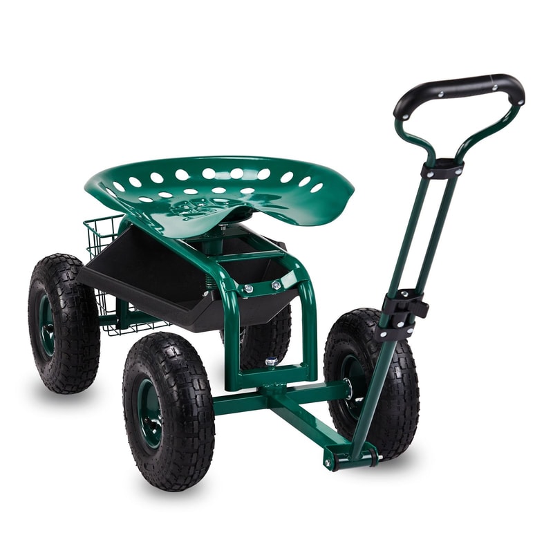 Green Rolling Garden Cart With Seat And Wheels Extendable Handle For Comfortable Gardening 9
