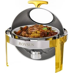 6 quart round chafing dish buffet set, stainless steel with glass window, elegant gold finish