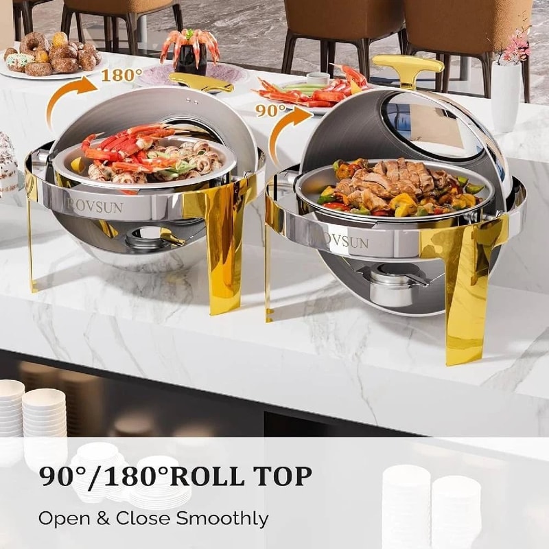 6 Quart Round Chafing Dish Buffet Set Stainless Steel With Glass Window Elegant Gold Finish 3