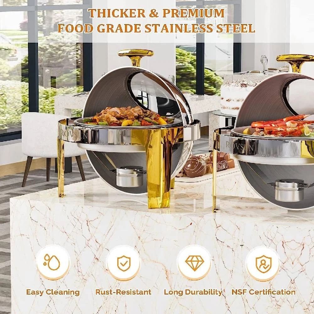 6 Quart Round Chafing Dish Buffet Set Stainless Steel With Glass Window Elegant Gold Finish 4