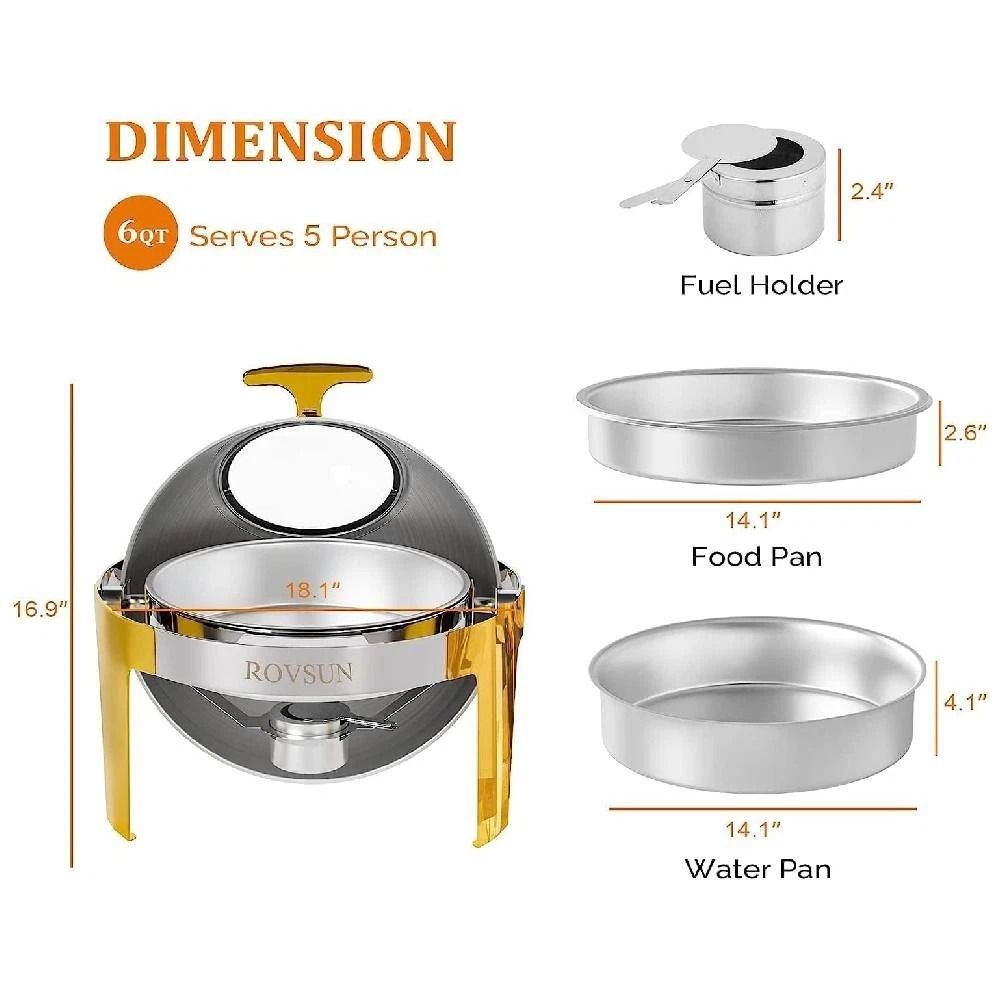 6 Quart Round Chafing Dish Buffet Set Stainless Steel With Glass Window Elegant Gold Finish 6