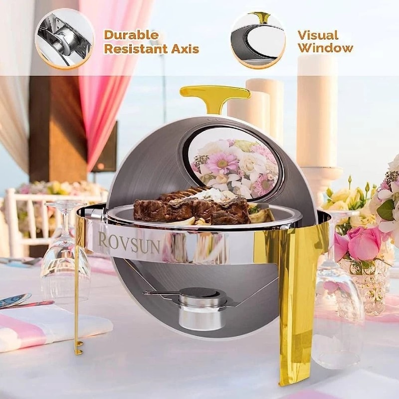 6 Quart Round Chafing Dish Buffet Set Stainless Steel With Glass Window Elegant Gold Finish 7