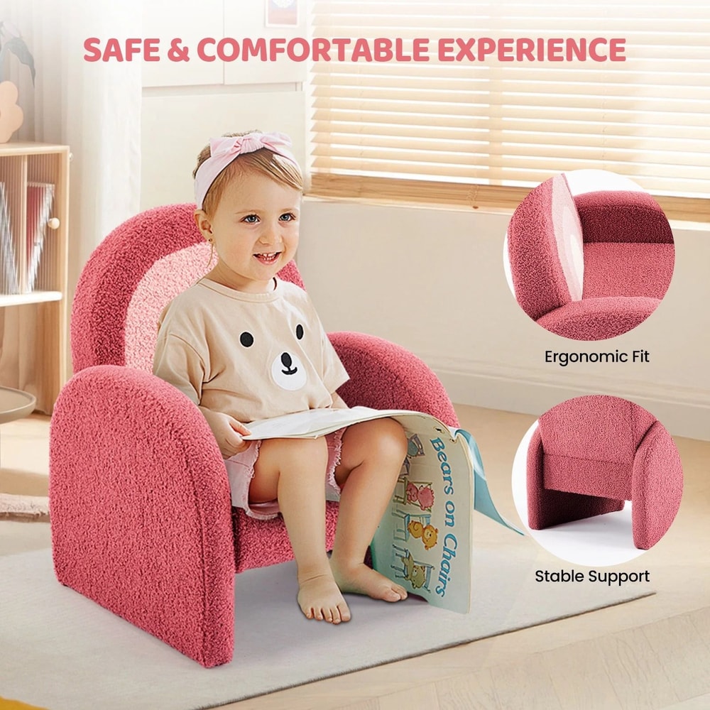 AntiTip Toddler Sofa For Playroom Teddy Fleece Kids Chair With Solid Wood Legs 4