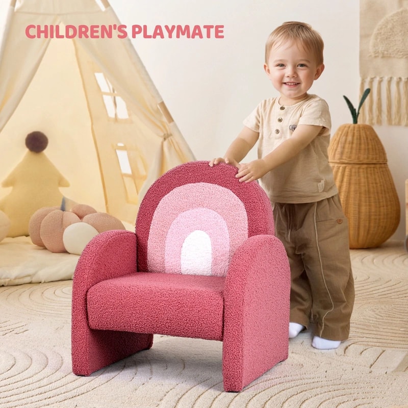 AntiTip Toddler Sofa For Playroom Teddy Fleece Kids Chair With Solid Wood Legs 5