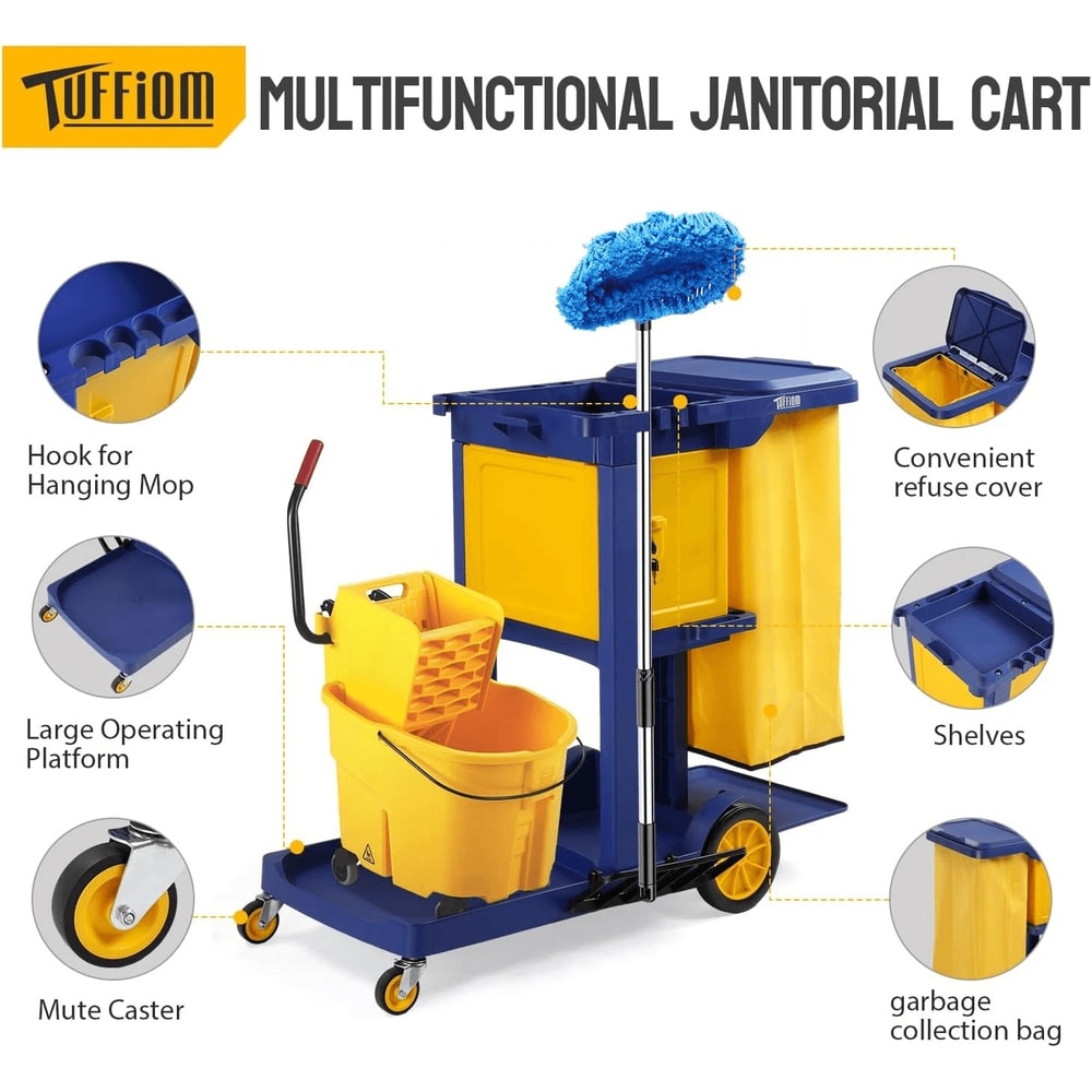 3Shelf Janitorial Cart With KeyLocking Cabinet Blue Cart With Yellow Vinyl Bag For Cleaning Tasks 1