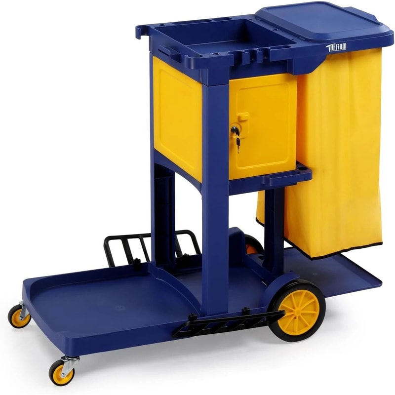 3Shelf Janitorial Cart With KeyLocking Cabinet Blue Cart With Yellow Vinyl Bag For Cleaning Tasks 7